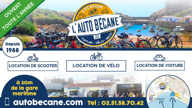 Découvrez l'île d'Yeu avec les vélos de la location de vélos L'Auto Bécane, direct sur le port à la sortie du bateau. Ouvert à l'année